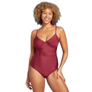 Shade & Shore Womens Belted Underwire One Piece Swimsuit Burgundy Red Sz M NWT